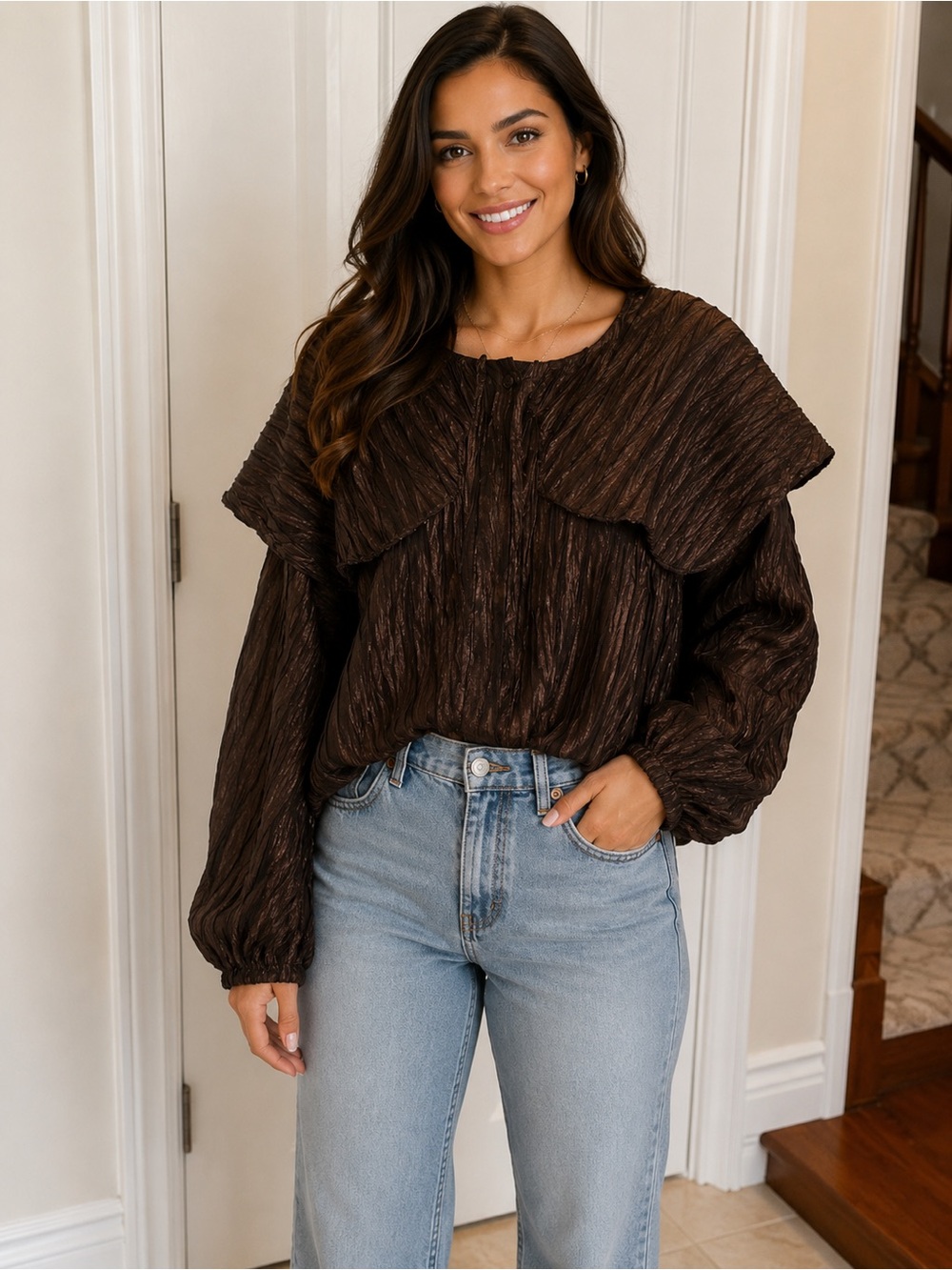 NATIVE YOUTH Crinkle Plisse Brown Textured Sailor Collar Blouse